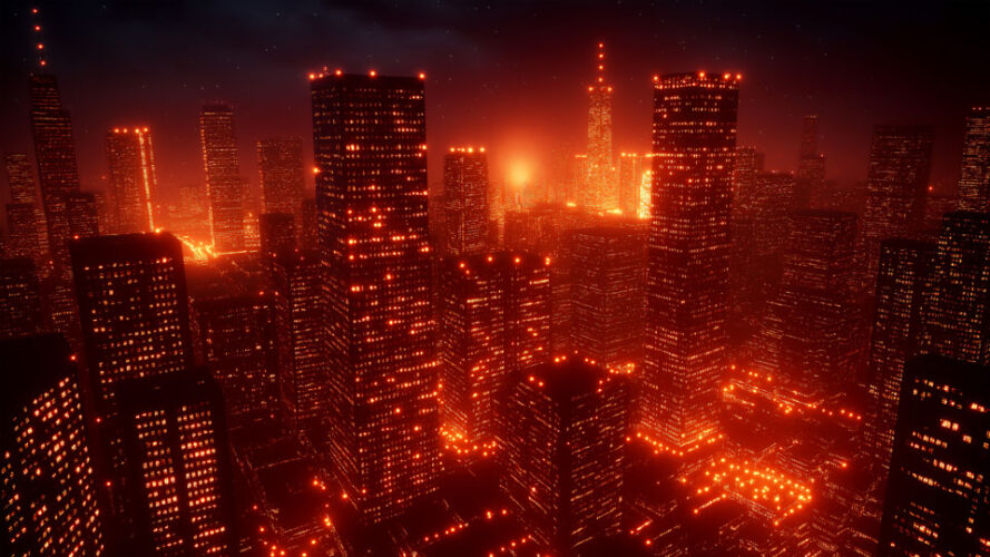 Business cityscape with illuminated skyscrapers