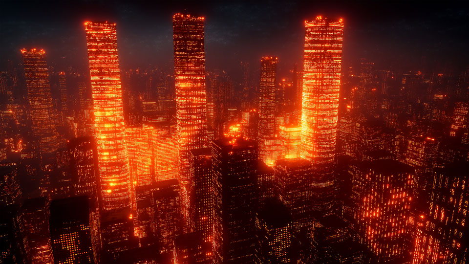 Urban finance landscape with illuminated buildings