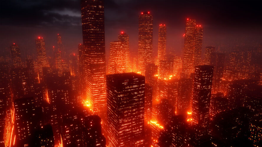 Corporate cityscape with glowing skyscrapers