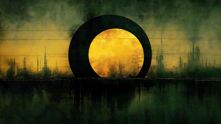 Eclipse over the city with water reflections