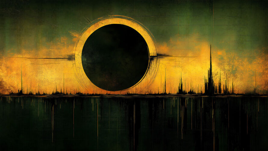 Dark eclipse over water in the cityscape