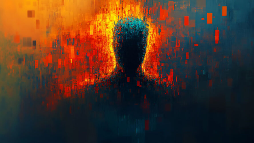 Pixelated silhouette with glowing digital pixels