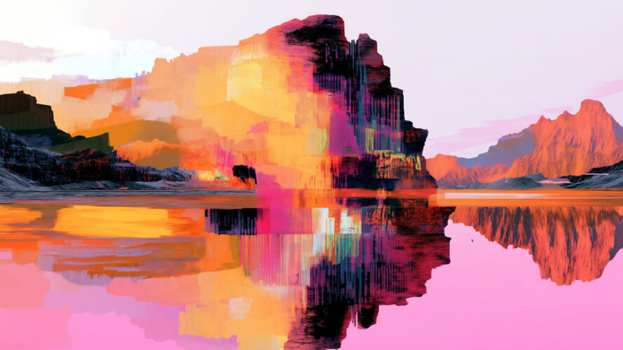 Pink and orange desert with glitch art mountain reflection