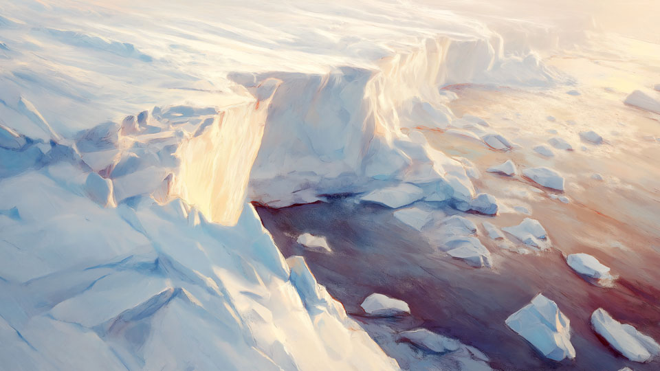 Antarctic ice shelf in soft sunlight