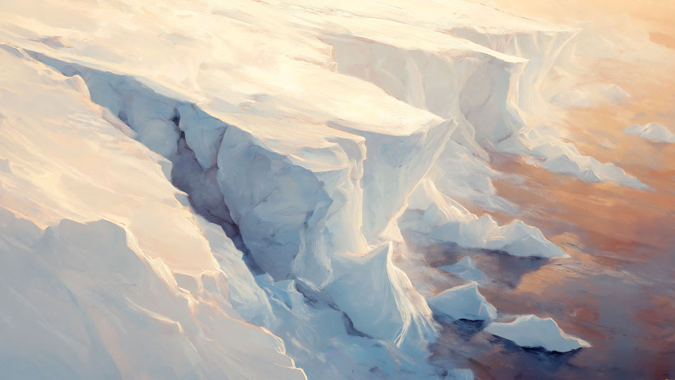 Snow-covered ice shelf with sunlight glow