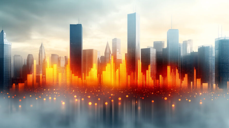 Financial skyline with glowing digital bar chart elements