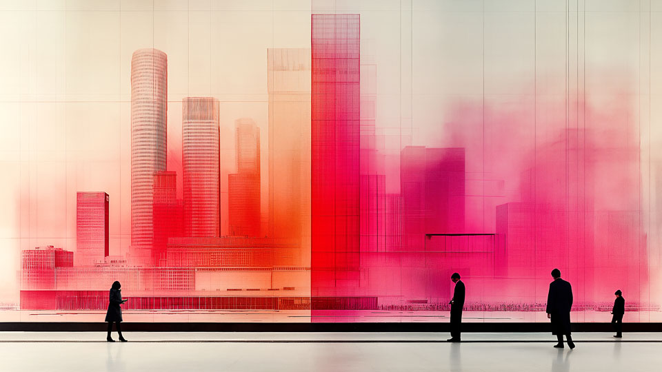 Cityscape in pink and red gradient with translucent layers