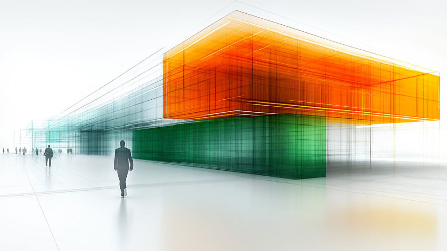 Green and orange building facade with blurred figures