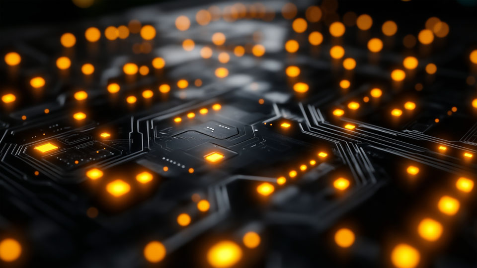 Glowing yellow lights on circuit board