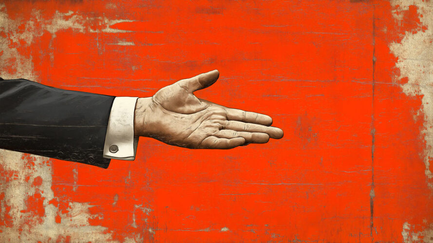 Illustration of a hand in a suit, reaching out