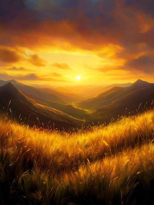 Golden sunset over grassy hills and distant peaks