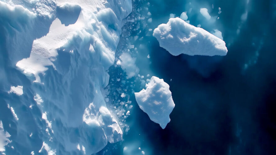 Cinematic aerial shot of Antarctic icebergs and glaciers