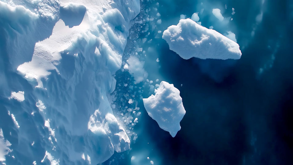 Cinematic aerial shot of Antarctic icebergs and glaciers