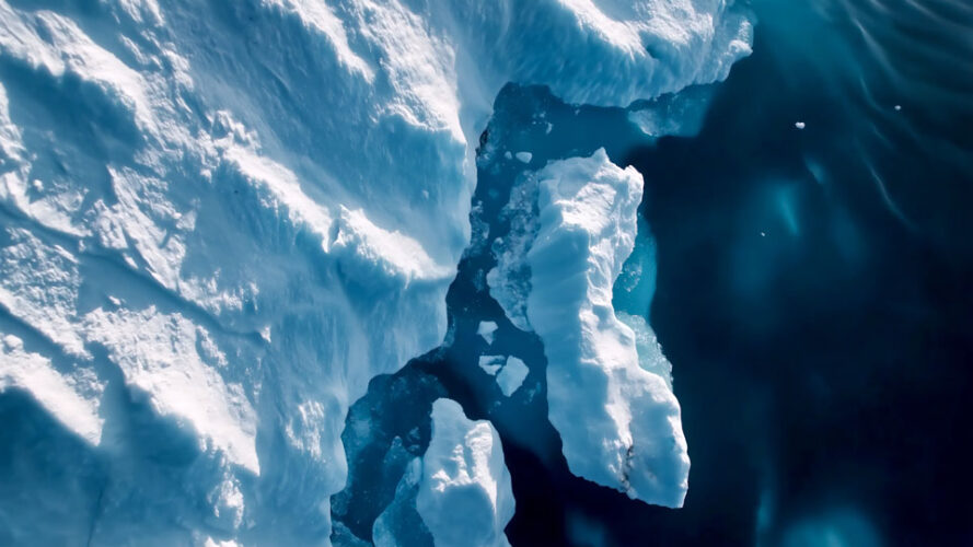 Icebergs and glaciers in a cinematic Antarctic landscape