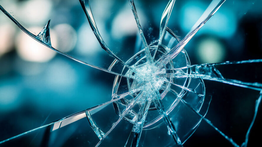 Broken glass impact point with urban blur