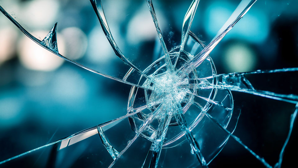 Broken glass impact point with urban blur