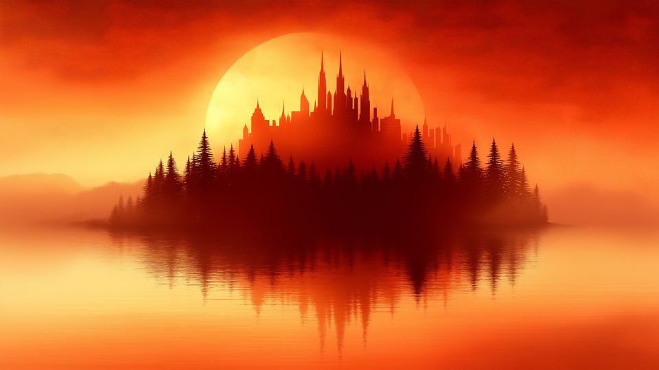 Ancient forest island at sunset with a castle silhouette