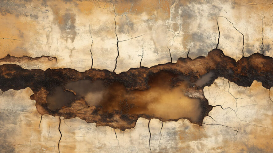 Dwindling water in a cracked desert terrain