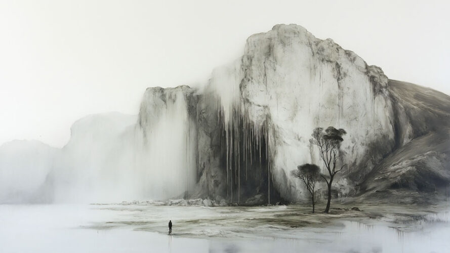 Ink painting of a white rock with waterfalls and mist