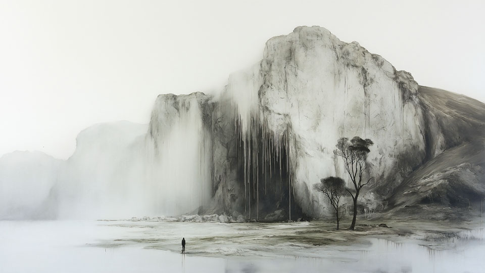 Ink painting of a white rock with waterfalls and mist