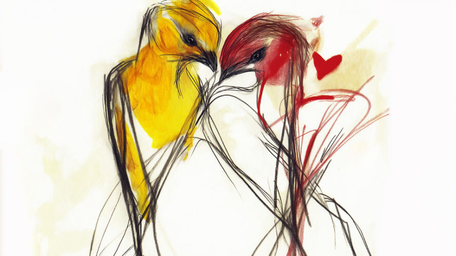 Two birds in love: Ink and watercolor sketch