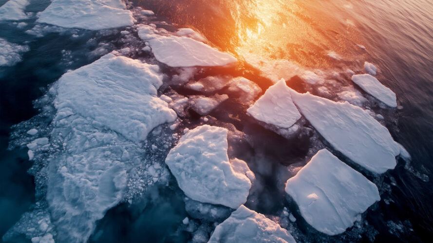 Melting icebergs at sunset over the Arctic Ocean