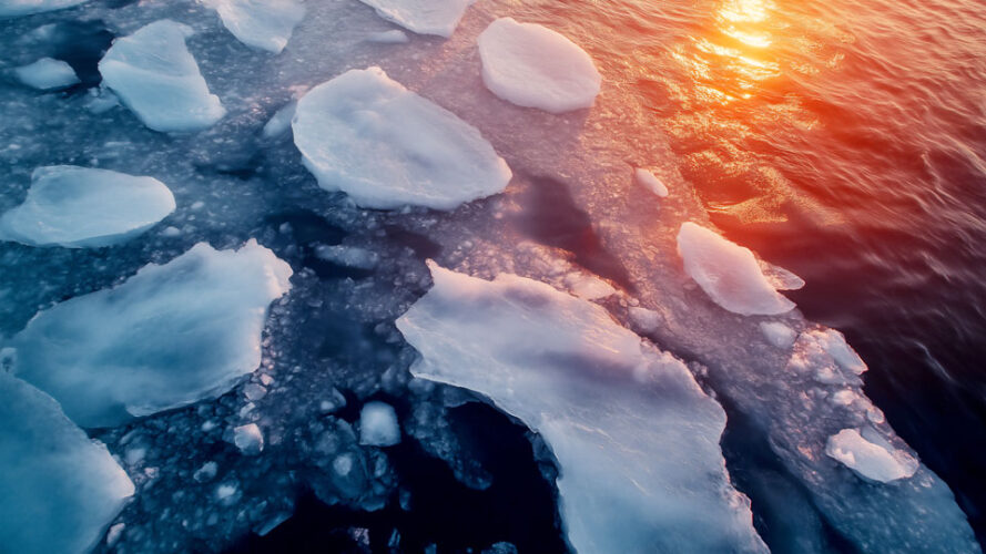 Arctic ice melting under a setting sun