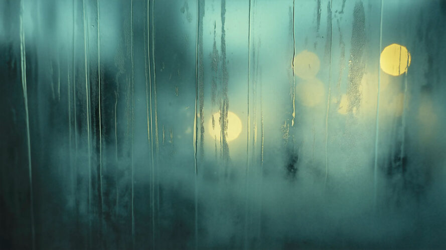 Foggy rainy window and glowing cityscape