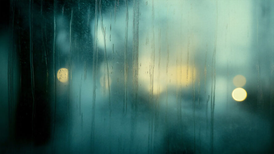 Blurred urban lights through a rainy window