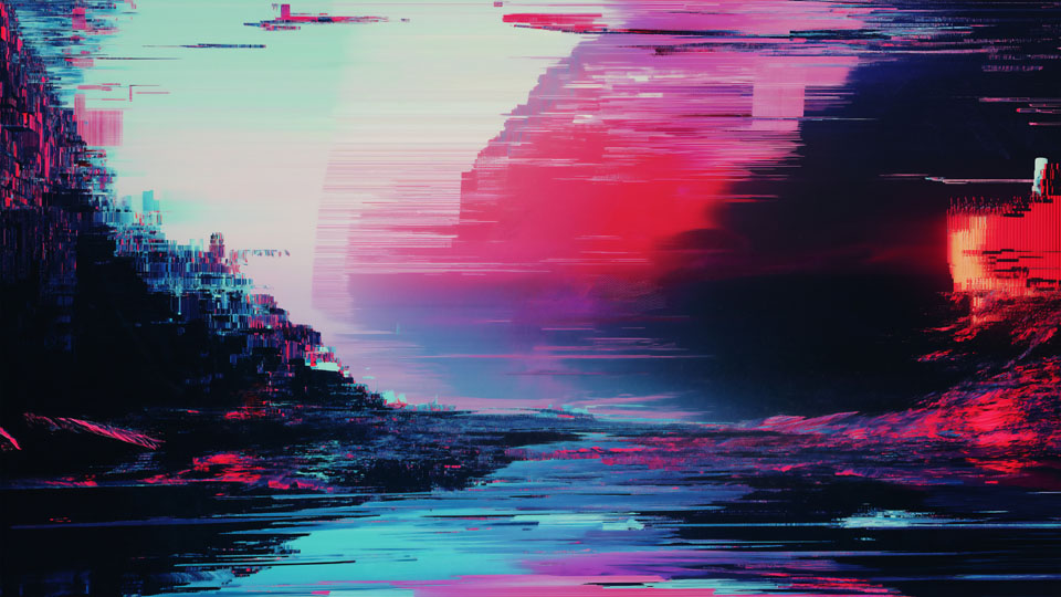 Neon glitch landscape with a glowing river