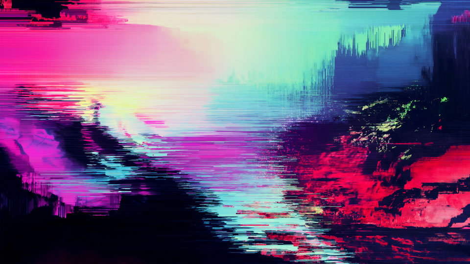 Abstract glitch art of neon cliffs