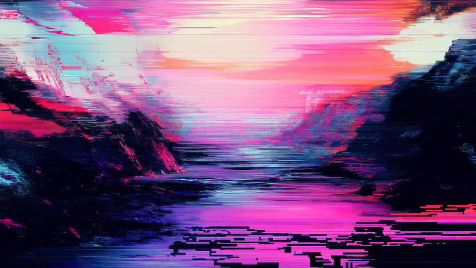 Pixelated neon river in glitchy valley