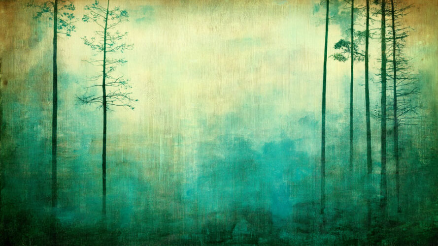 Dreamy digital art forest with teal and green fog