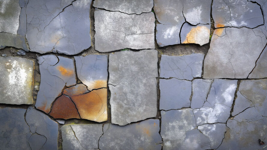 Close-up of cracked gray stone wall with rusted metal tiles