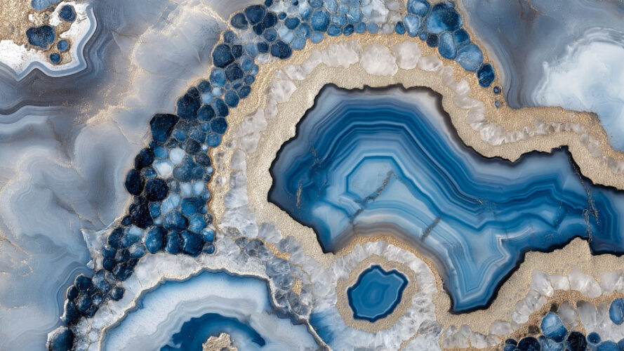 Minimalist top view of blue agate geode slice with gold foil