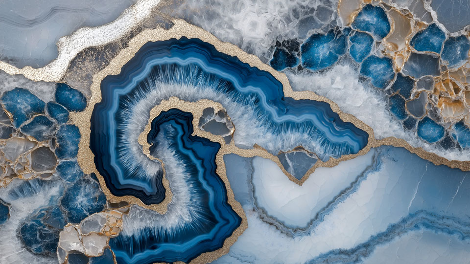 Aerial photography of blue agate geode slice with gold and white accents