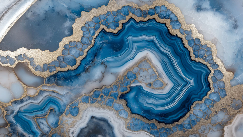 Detailed shot of blue agate geode with gold foil highlights