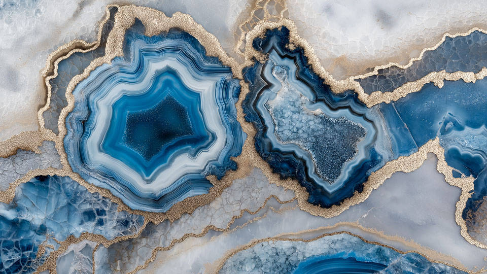 Close-up of a blue agate geode with gold accents in minimalist style