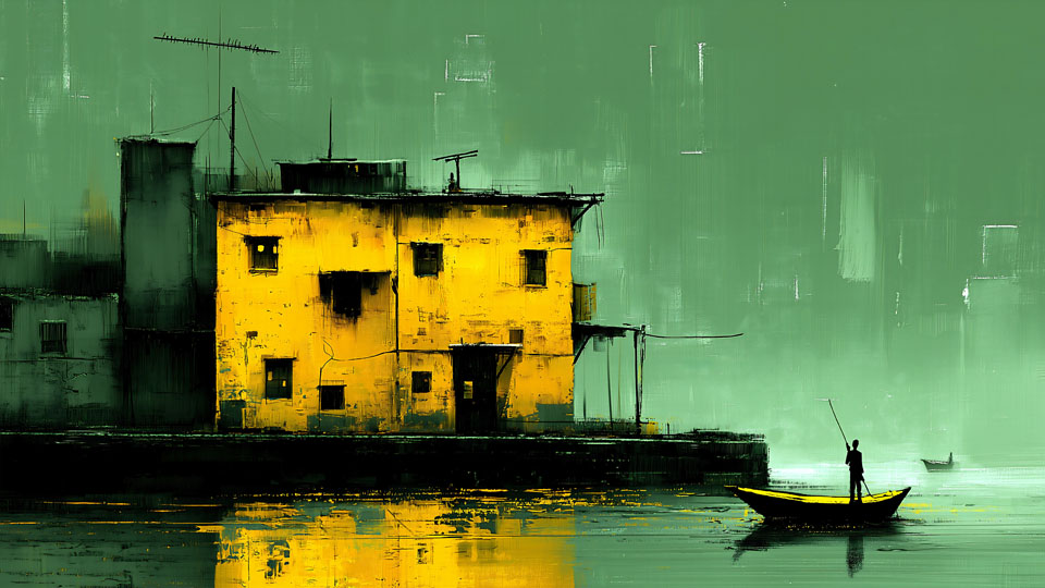 Fisherman's shanty on a foggy river